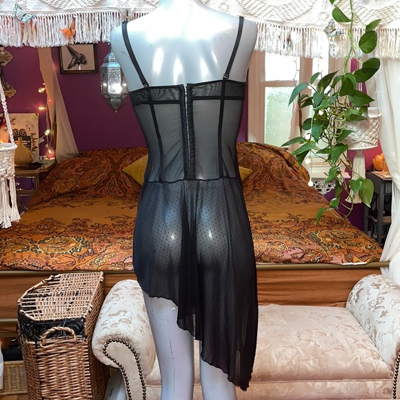 Vintage Y2K Sheer Mesh Black & Blue Asymmetrical Corset Bustier Mini Dress - Picture 3 of 5